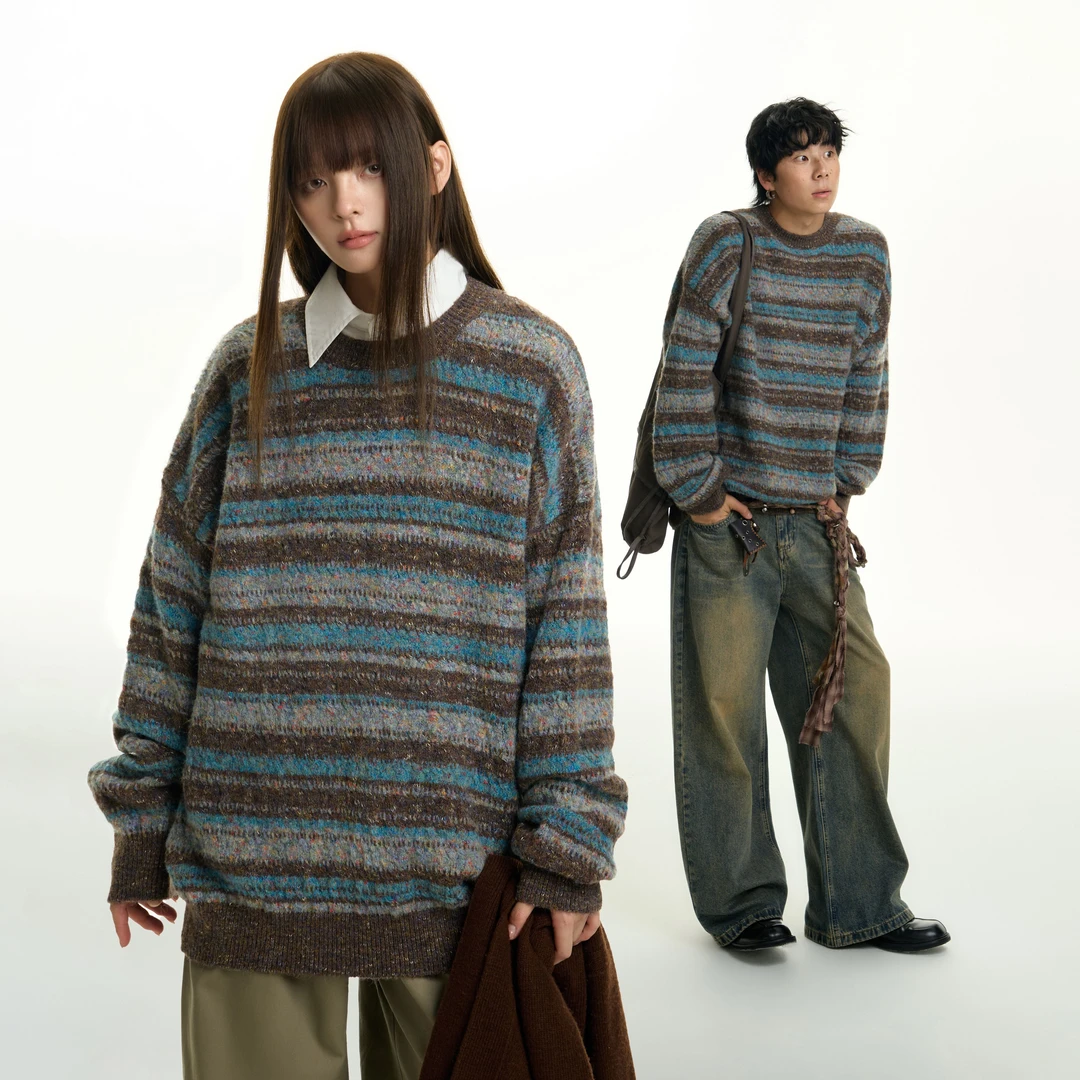 TGNS潮牌樱花绒感条纹毛衣男女2024年秋冬松弛感撞色针织休闲外套