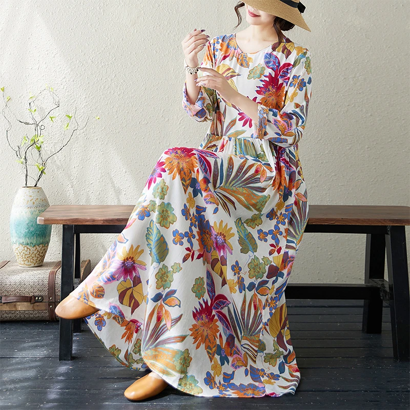一线品牌外贸撤柜棉麻碎花显瘦遮肉长袖连衣裙度假风旅游复古长裙