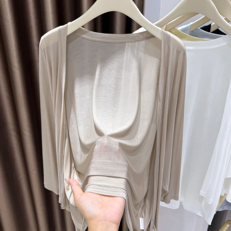 宽松慵懒感面膜针织七分袖开衫女夏吊带裙外搭披肩薄冰丝罩衫