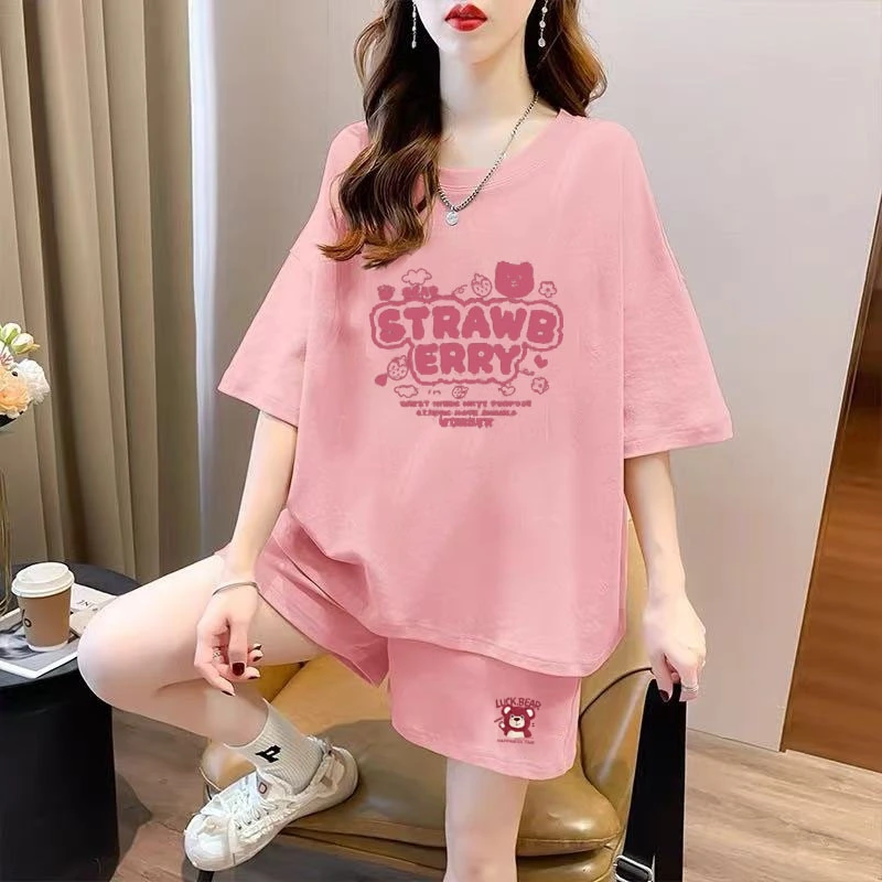 纯棉运动休闲套装女2025夏新款宽松洋气卡通印花短袖短裤两件套潮