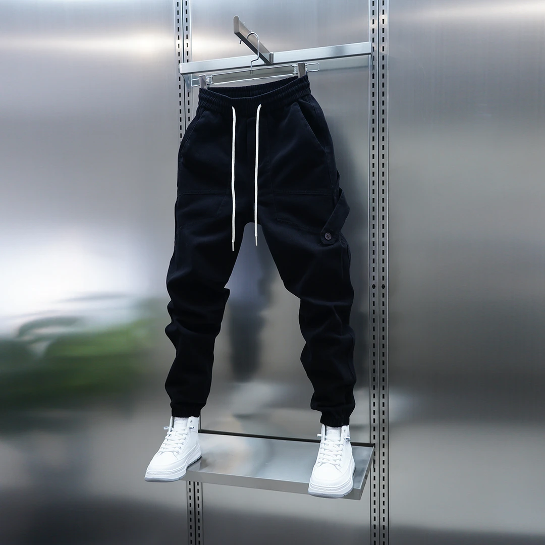 男士新款春季休闲裤弹力松紧腰纯色小脚裤潮流拼接束脚裤