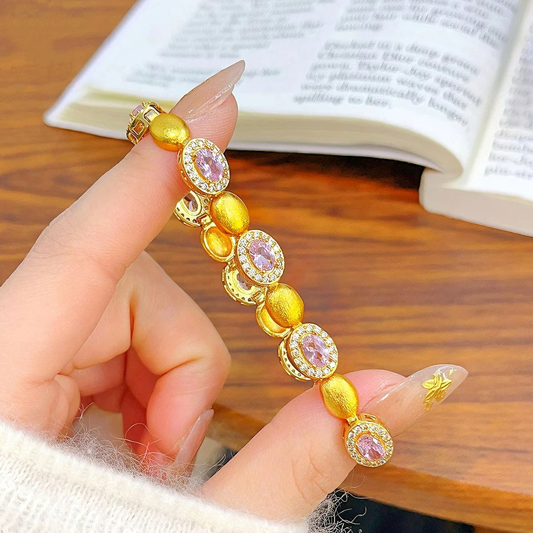 新中式高奢重工古法点钻鸽子蛋手链 金色缎带