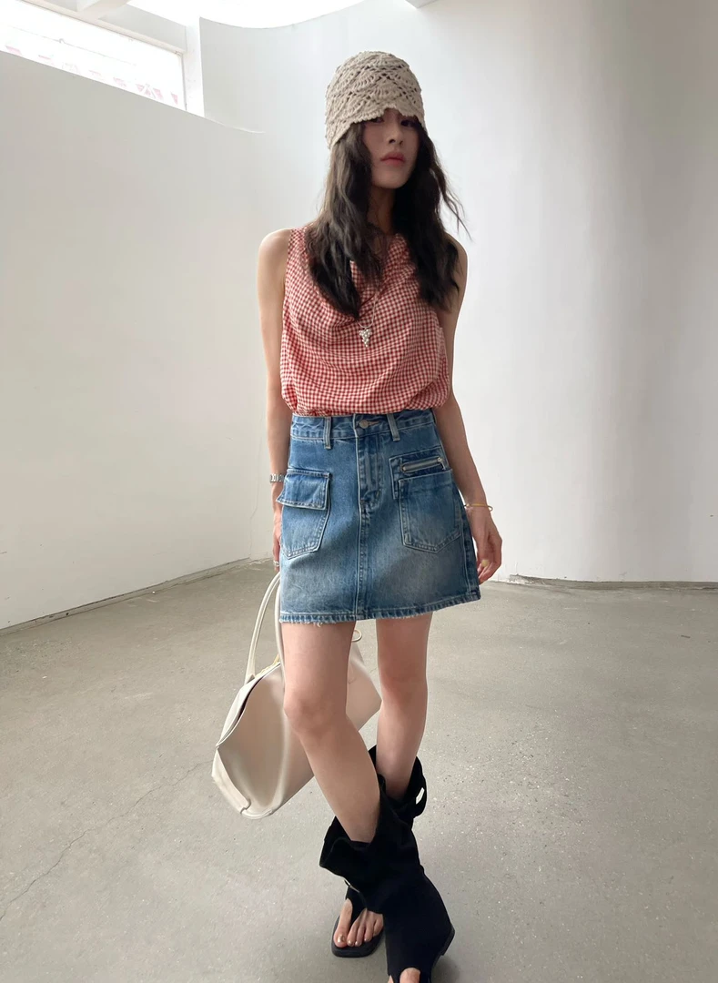【露露】GD#复古韩版工装显瘦高腰牛仔短裙#9733（裤长39cm）