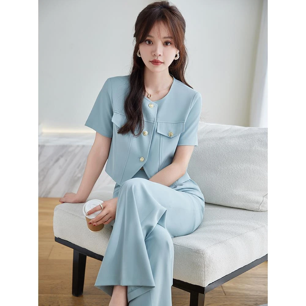 蓝色短袖西装洋气2025新款夏季薄款小个子短款休闲女士西服外套