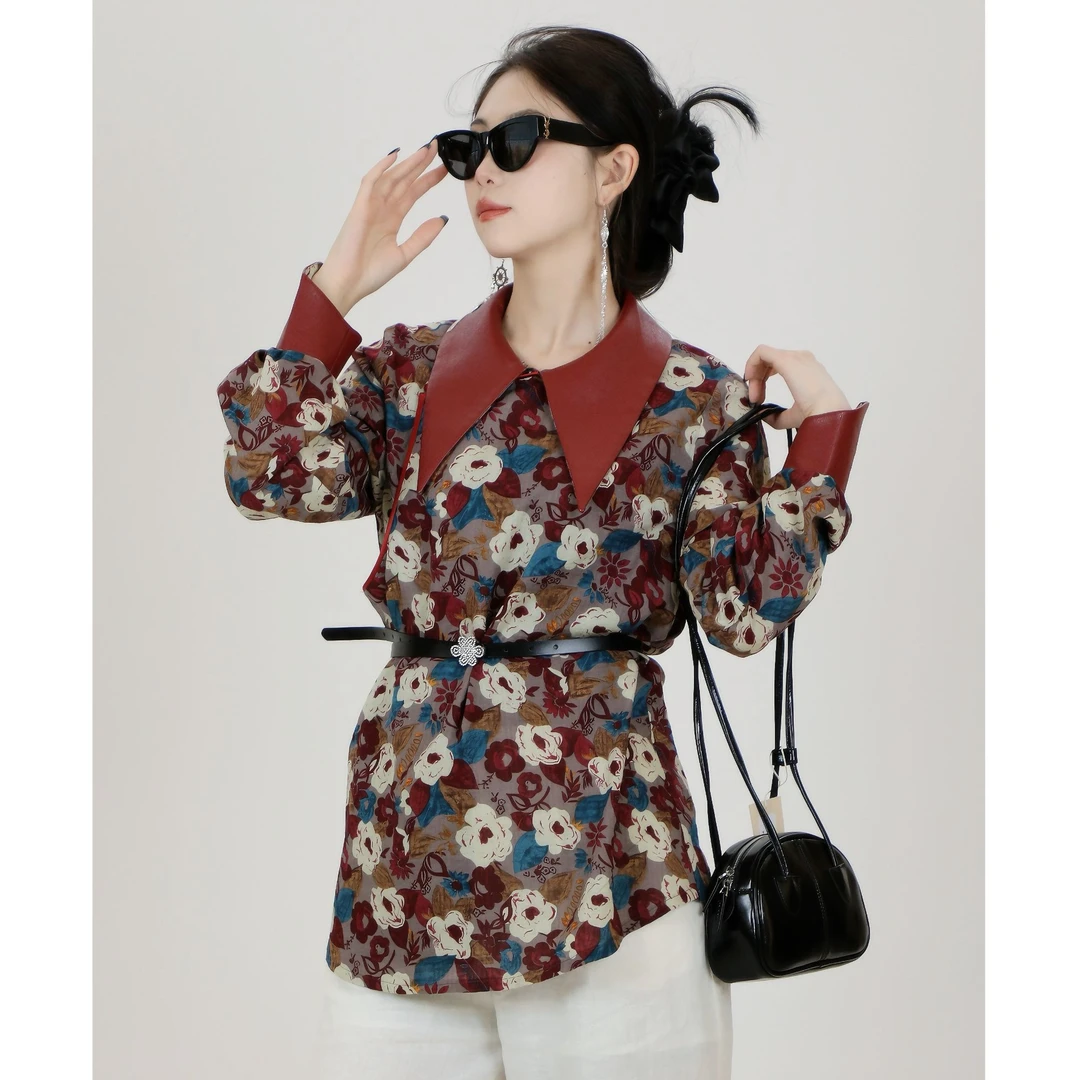 【卓日雅】7769复古V领衬衫改良蒙古服饰中长款长袖碎花时尚印花