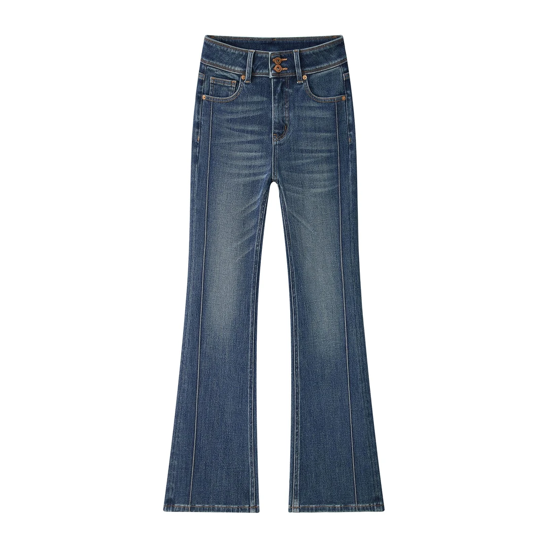 复古蓝牛仔裤女2025秋冬新款时尚百搭高街设计水洗微喇裤设计师款