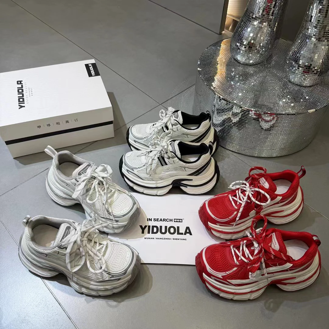 广州欧货【火焰】2026春季新款绑带潮流拼色7cm厚底老爹鞋韩版