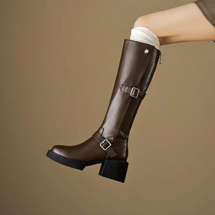 牛皮~6.5cm真皮圆头机车长靴女皮带扣后拉链高筒靴不过膝高跟粗跟