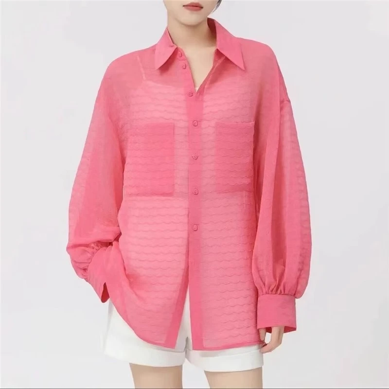 【商场同款】翻领透视薄款宽松大码长袖衬衫防晒外套女衬衣5301019