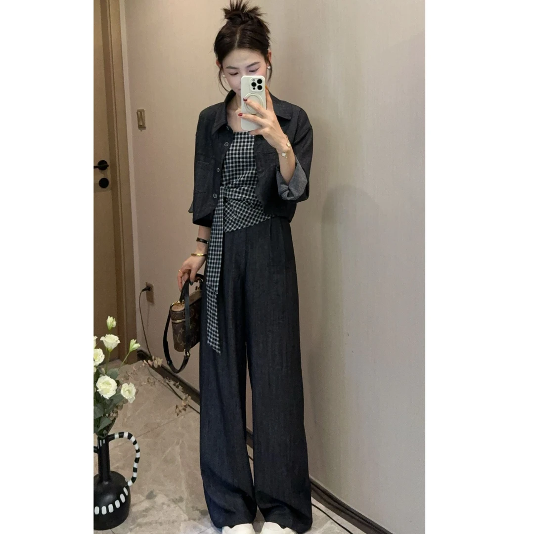 【杨二迪专属】DD01秋季新款时尚百搭复古格子背心三件套