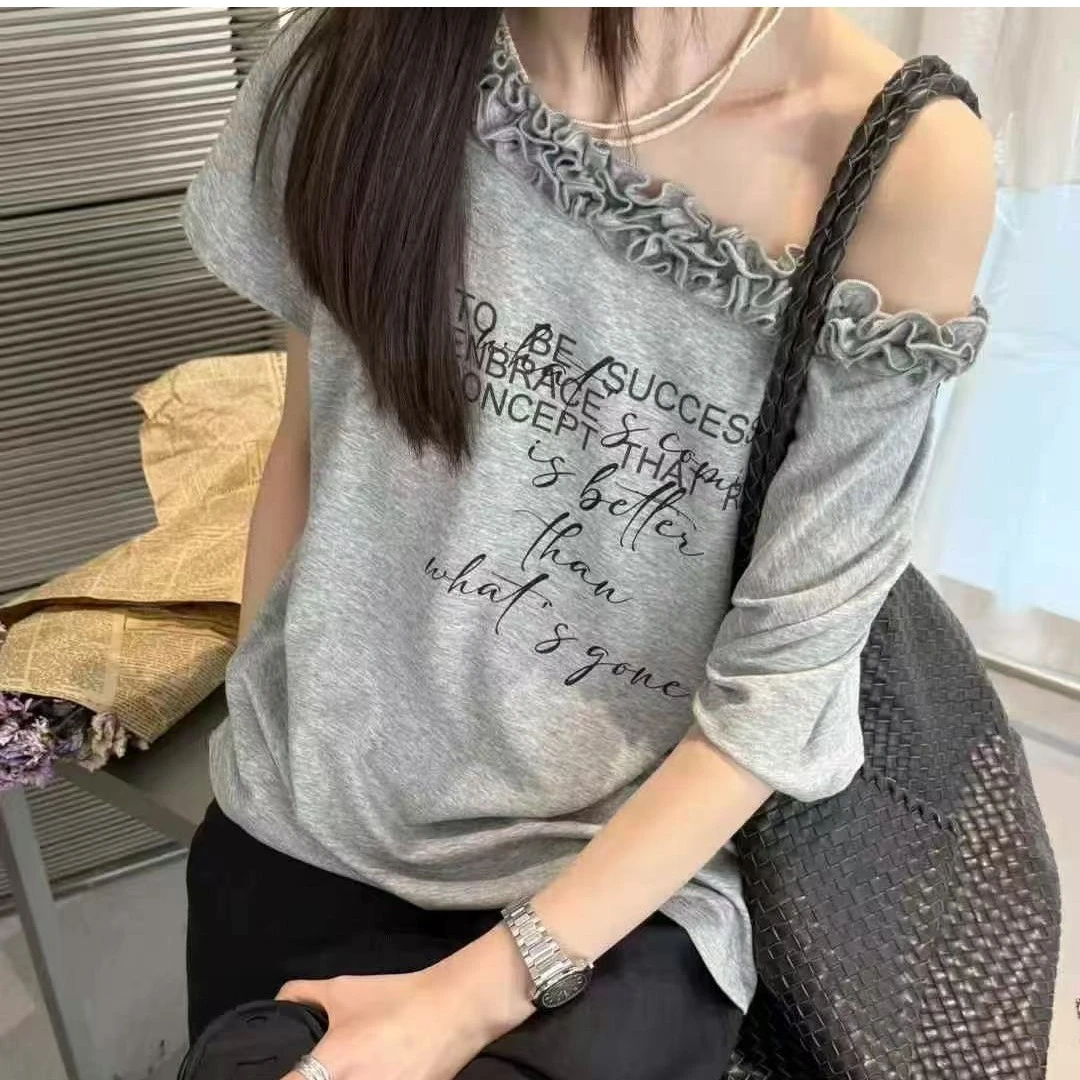 新款爆款设计感t恤斜肩领露肩潮流小众温婉老钱风纯欲慵懒风女装