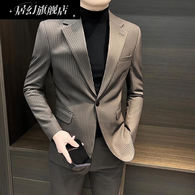 居幻条纹西装外套男士秋2025新款高级感商务正装痞帅休闲西服套装