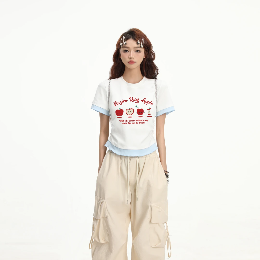 正肩短袖t恤女2025夏季新款假两件小个子修身短款甜辣风jazz上衣