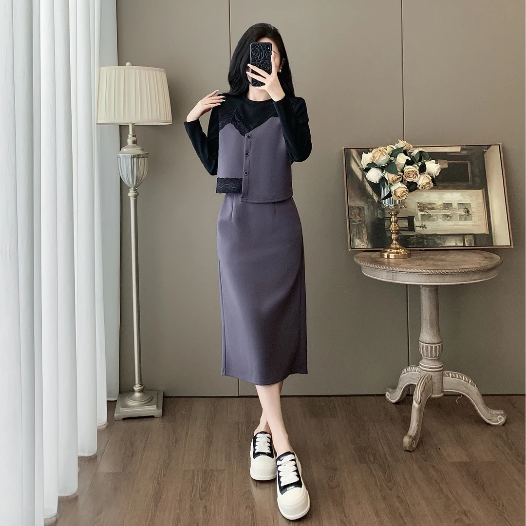 女装秋款爆款2025新款显瘦气质高级感时尚假两件上衣半身裙两件套