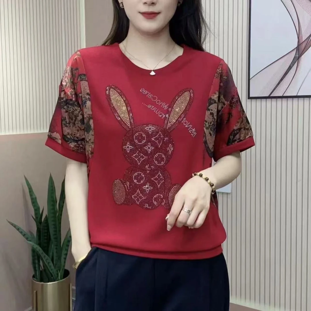 848红色夏季洋气时尚烫钻印花通勤中年妈妈装宽松显瘦遮肉上衣女