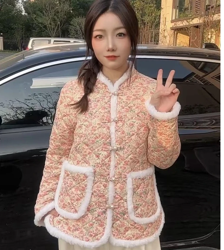 冬装棉衣加绒碎花中式棉袄棉服