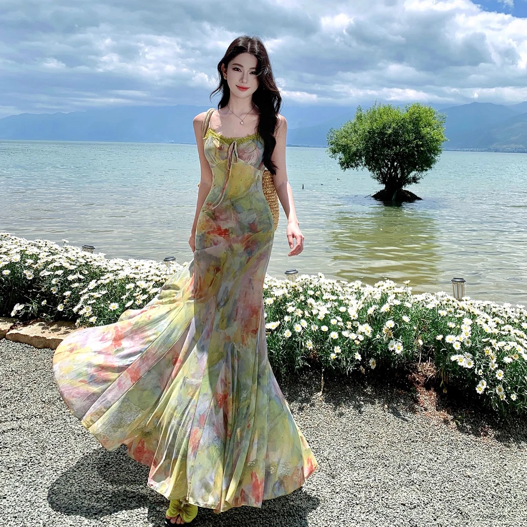 法式晕染印花吊带网纱鱼尾裙夏季泰式风情万种长裙海边度假连衣裙