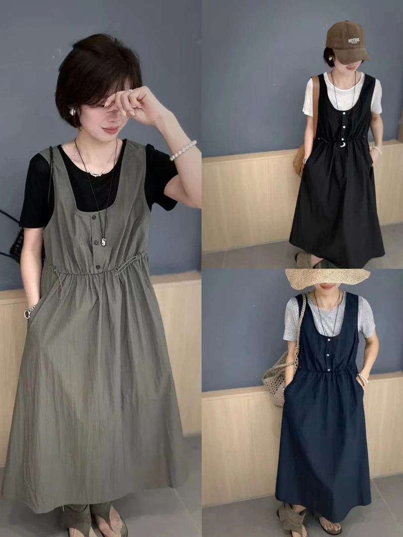 韩系气质收腰显瘦无袖工装背心长裙简约百搭连衣裙