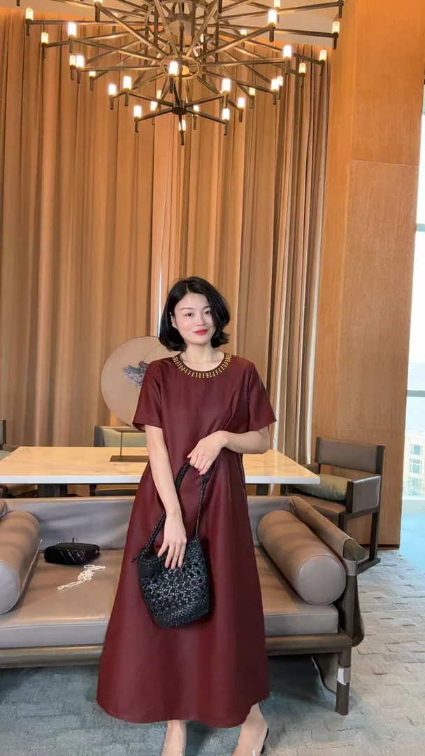 TANTAN  真丝气质珍珠领口重磅连衣裙1577