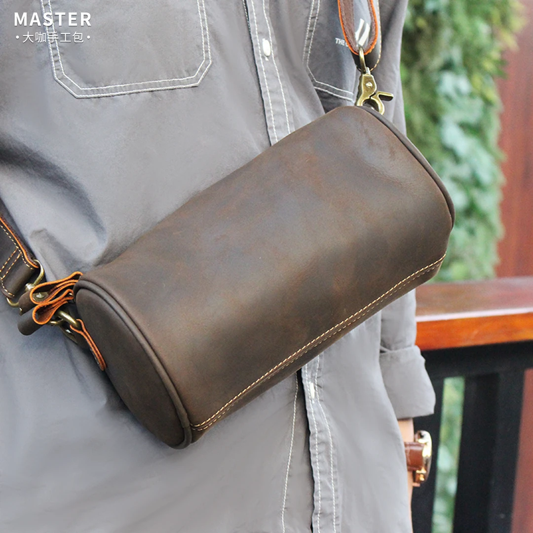 复古疯马牛皮真皮小圆桶包男女包斜挎包单肩包头层牛皮小背包圆筒