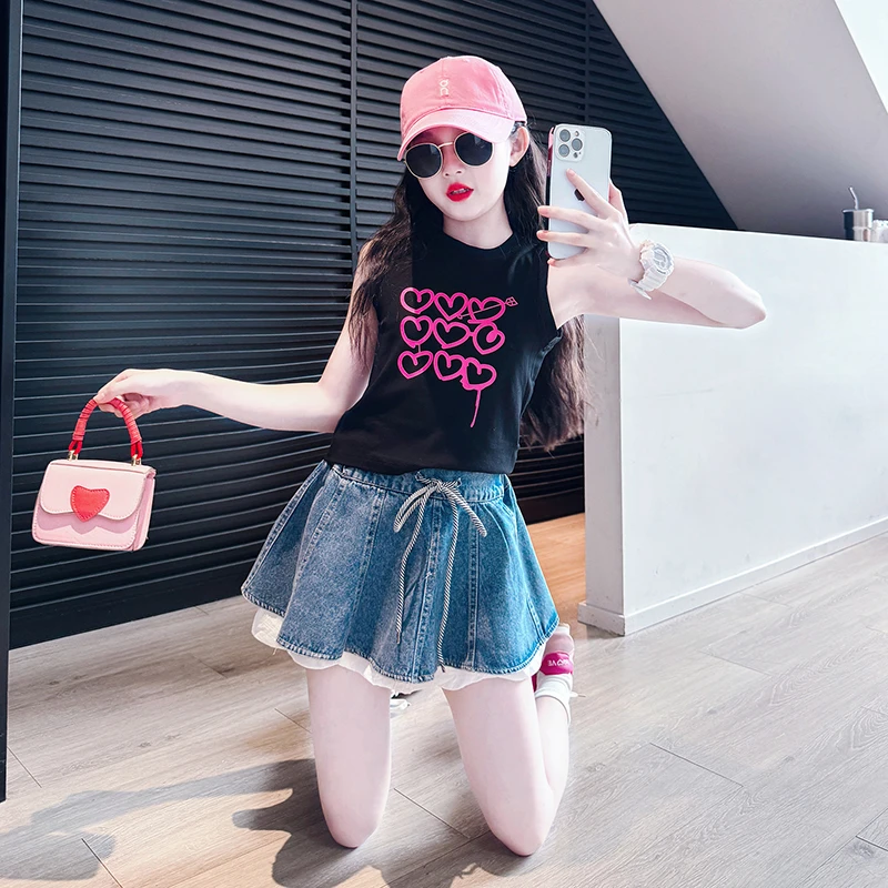 2025年款衣服儿童新款女孩夏季网红牛仔裙裤女童韩范背心衣服套装