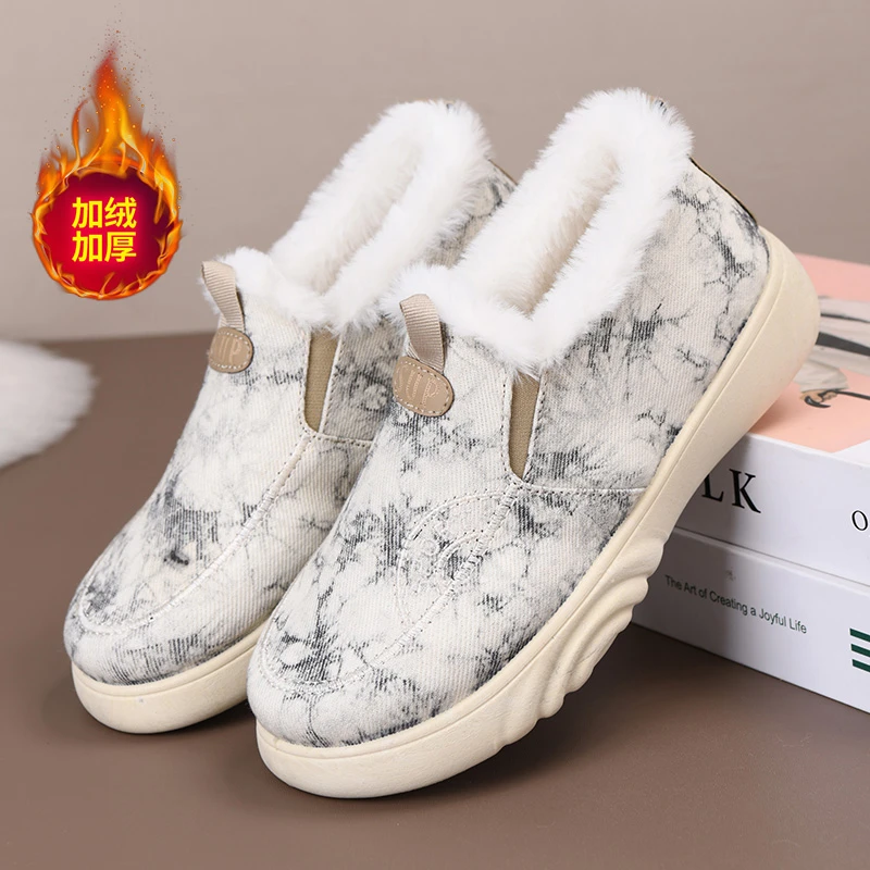 冬季新款加绒保暖民族风棉靴冬季拼色格子植物花卉平底简约女棉鞋