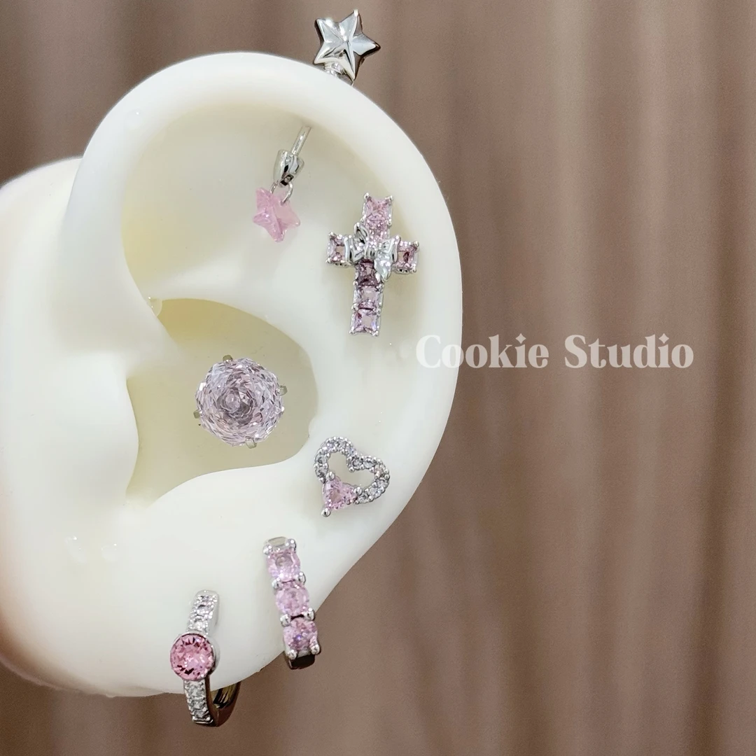 钛钢合成锆石耳饰 粉红泡泡钛钢耳骨钉耳蜗钉耳轮钉