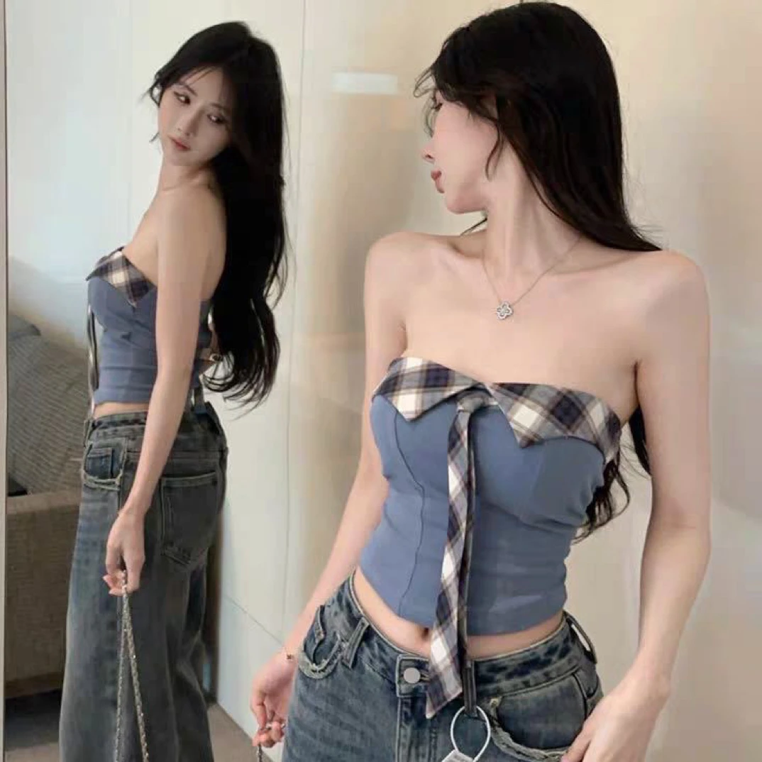 辣妹露肩短款无袖格子拼接领带背心上衣带胸垫修身显瘦