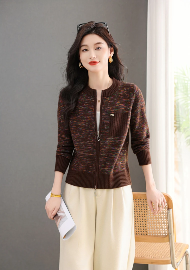 秋季新品双拉链针织开衫女休闲毛衣外套圆领宽松显瘦花纱外搭上衣