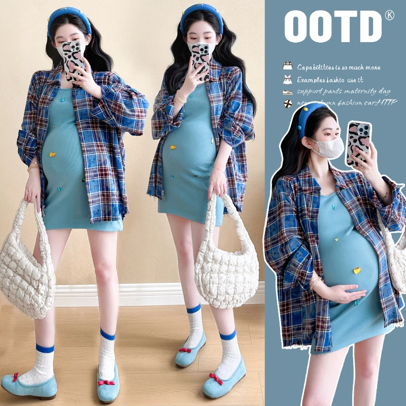 时尚孕妇夏季新款法式辣妈性感洋气修身连衣裙套装显瘦背心裙套装