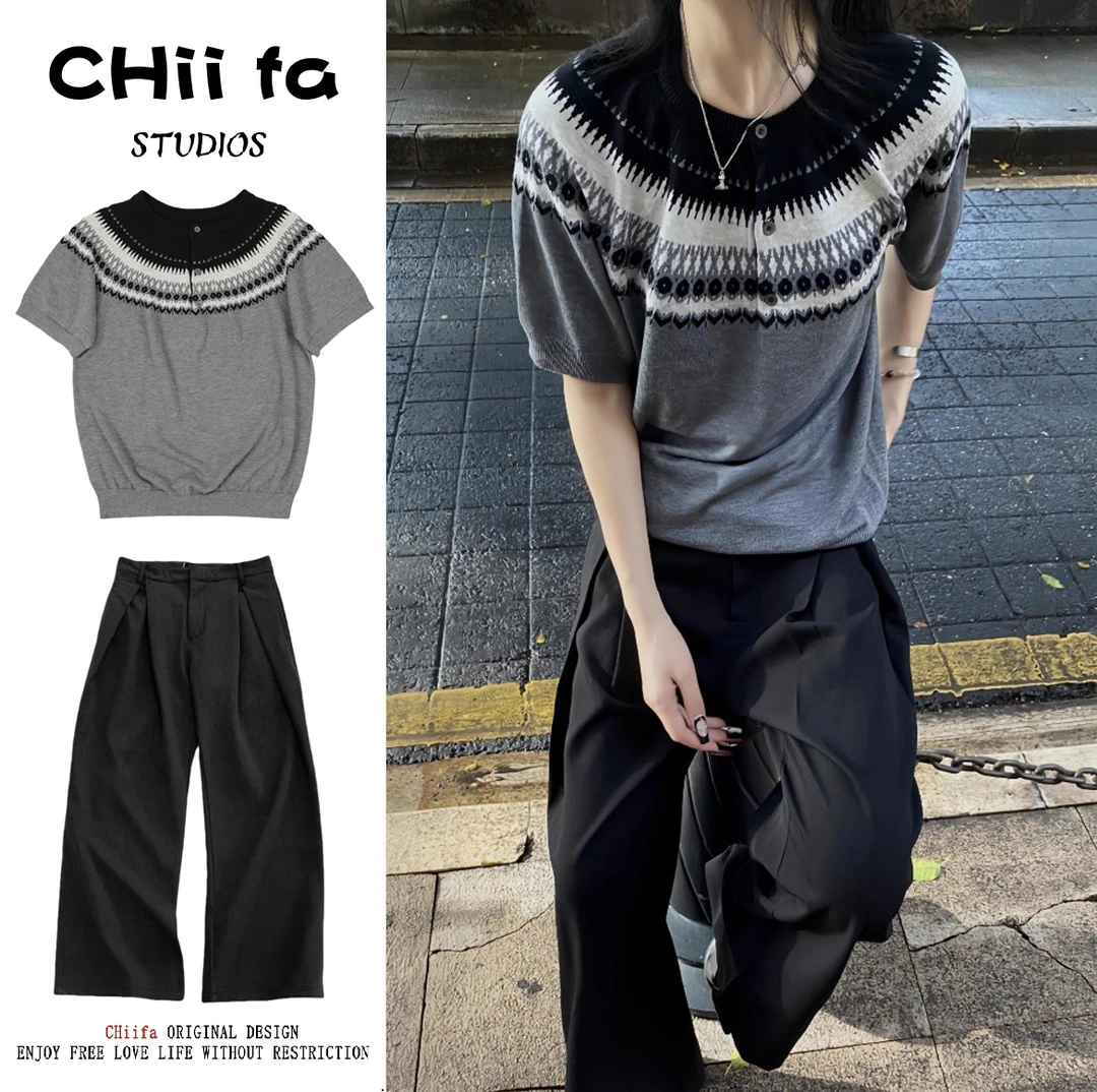 CHiifa 两件装/单件美式插肩短袖T恤男女老钱风cleanfit圆领上衣