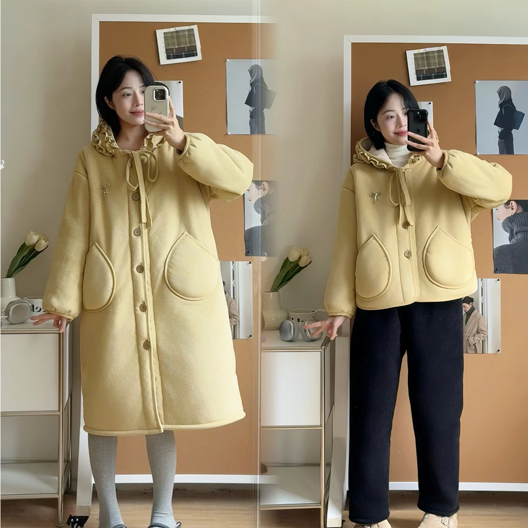 睡衣女冬季三层加厚加绒2025连帽甜美风木耳花边可外穿家居服冬天