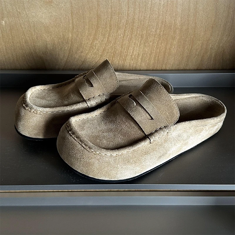博肯包头拖鞋男女乐福复古休闲绒面氛围感小众增高一脚蹬穆勒凉鞋