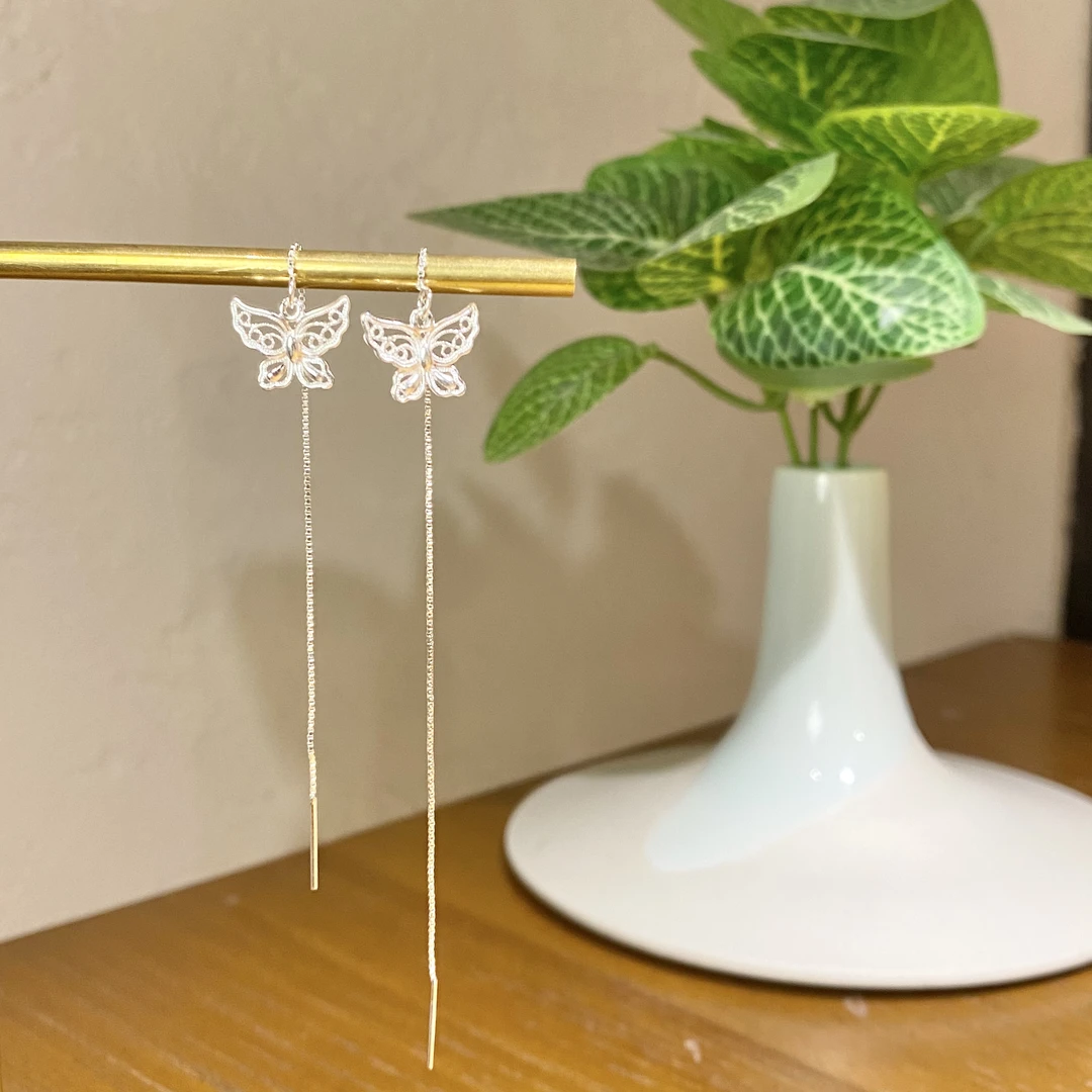 足银耳饰 蝴蝶花丝流苏二线耳环 足银手工民族苗族花丝耳环二线