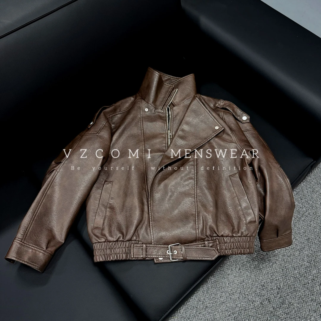 复古中性翻领皮衣休闲咖色外套男女2025新款秋季PU夹克酷飒机车服