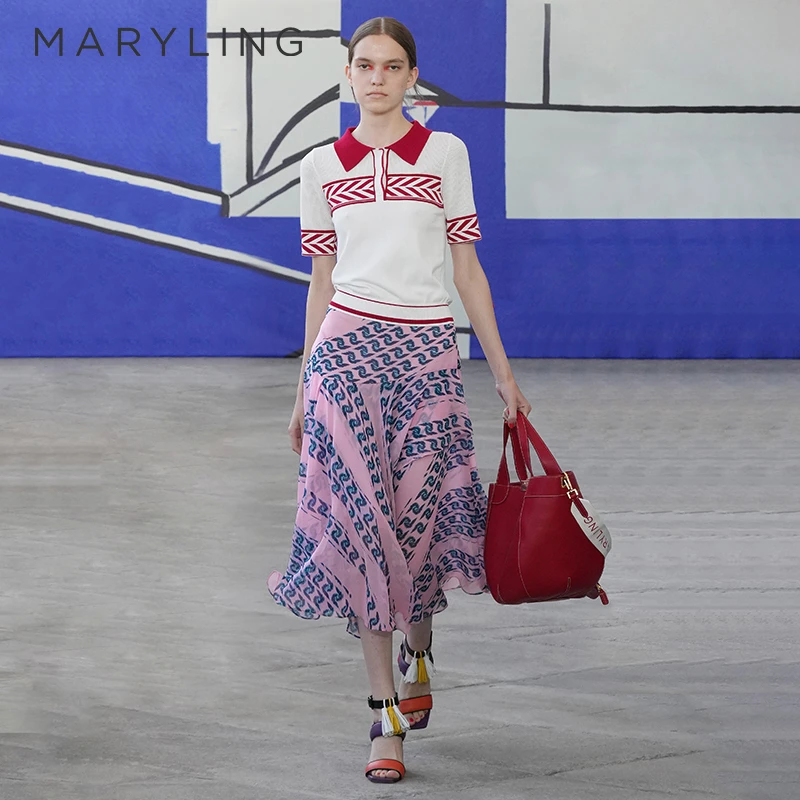 MARYLING玛俪琳春季红白织带POLO衫翻领针织短袖上衣A1CBW03220