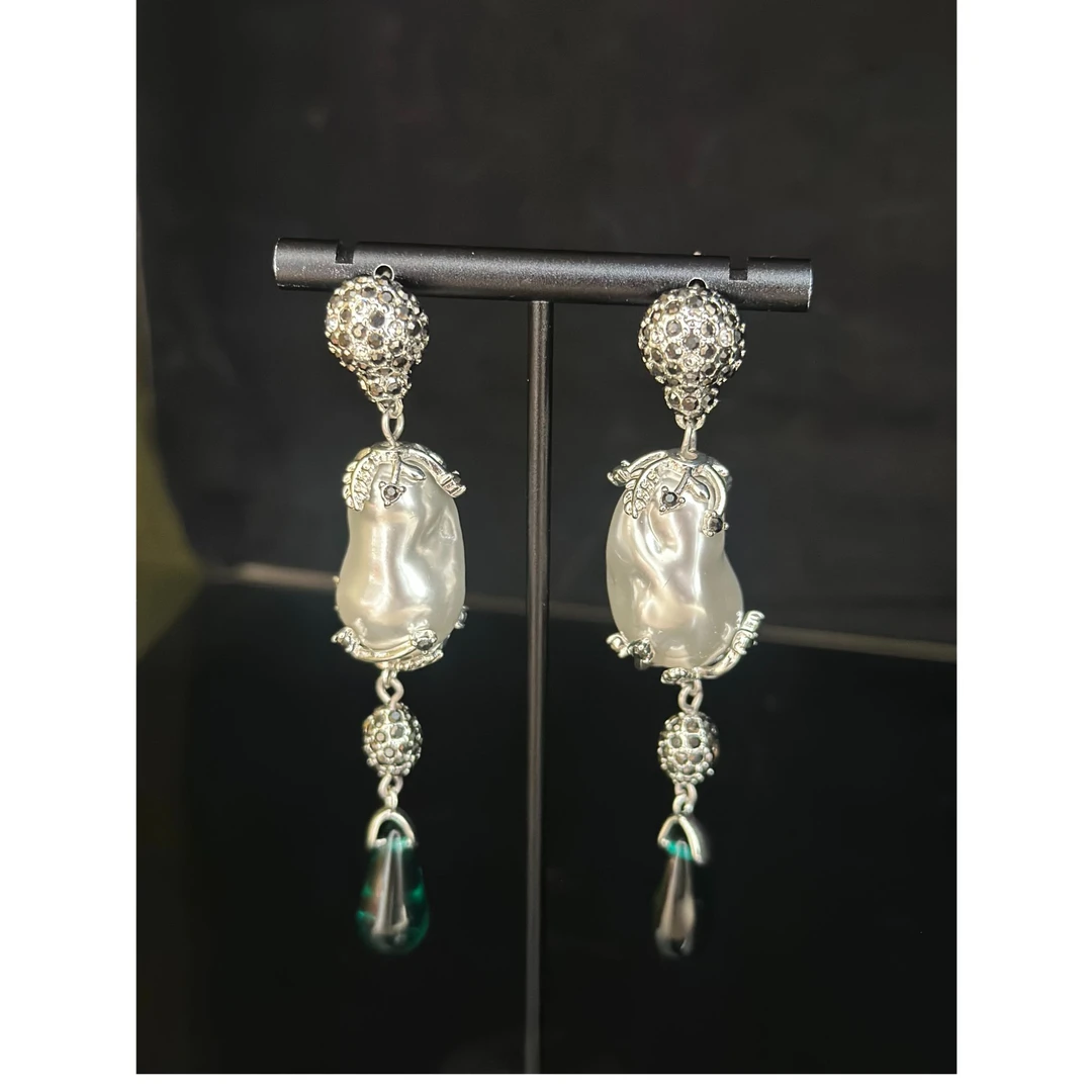 锌合金琉璃耳饰 vintage珍珠绿长款水滴耳坠扫肩款中式手工耳环