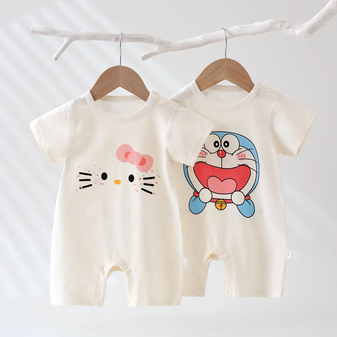 夏季婴儿连体衣薄款短袖新生儿哈衣可爱卡通宝宝外穿后背网眼爬服