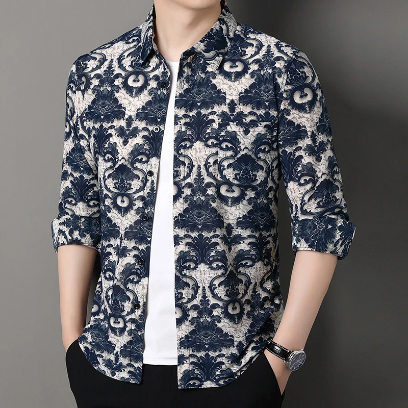 男士长袖新款弹力薄款时尚休闲印花潮流花衬衫2569#