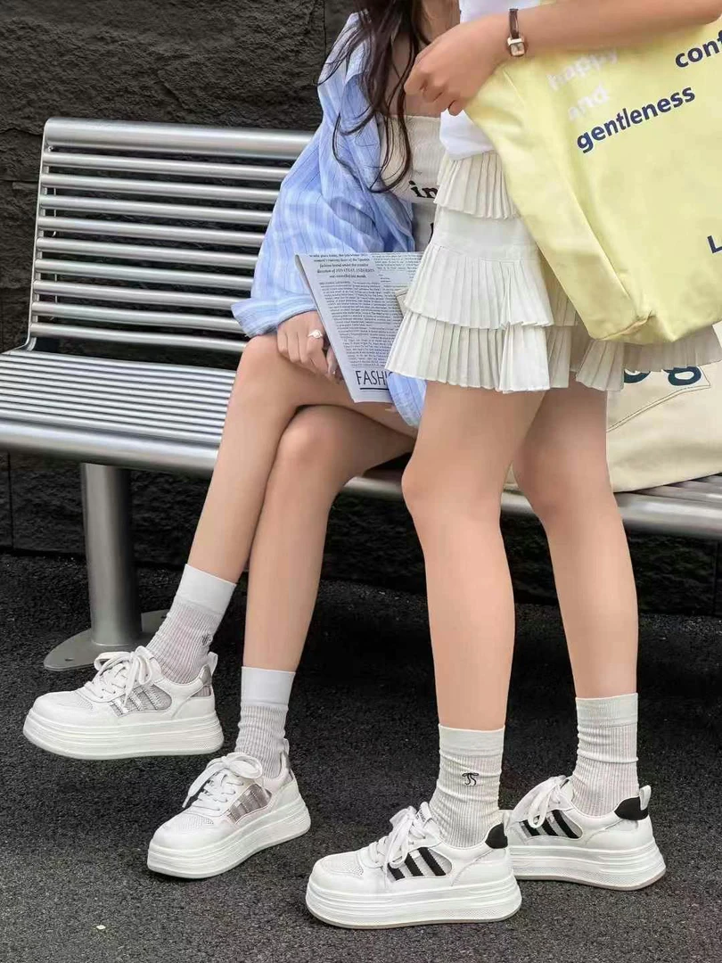 韩版单网透气三道杠真皮镂空小白鞋女夏新款厚底休闲鞋凉鞋