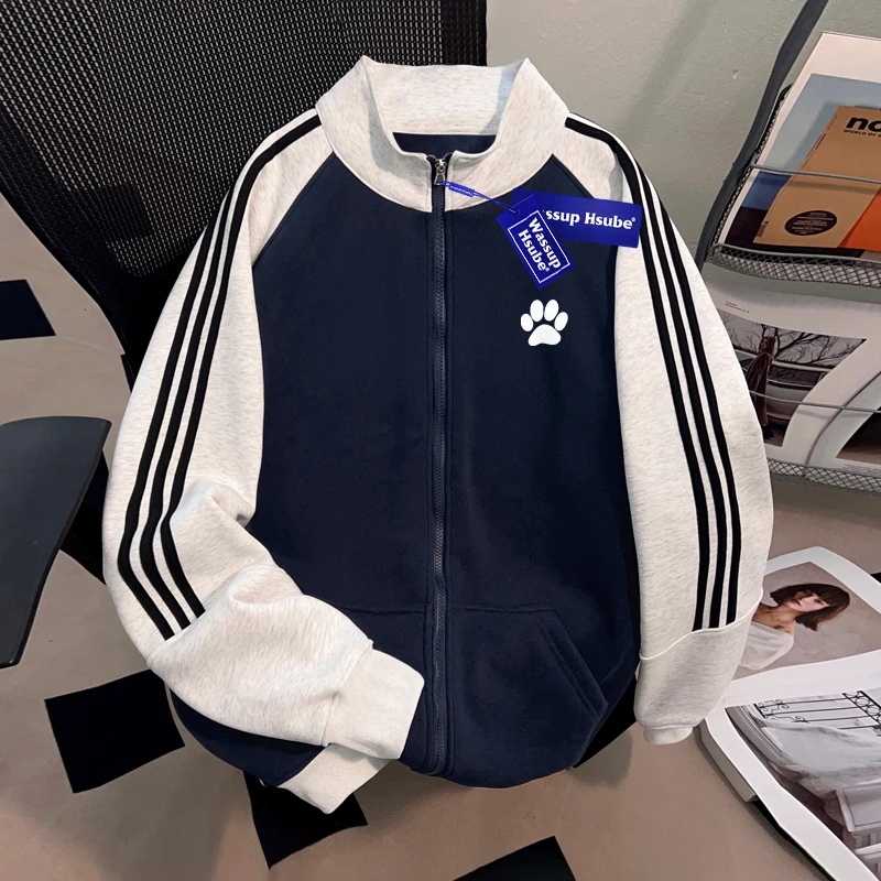 WASSUP HSUBE卡通脚印开衫立领卫衣棒球服宽松情侣上衣服潮牌重磅