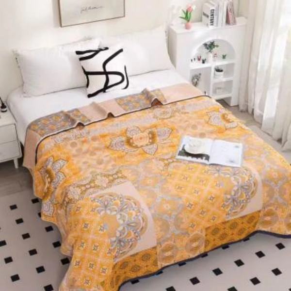 【床盖-枫林如火-黄】200*230CM可铺可盖多层棉纱布亲肤通用床盖