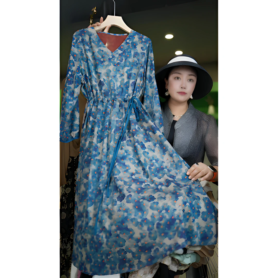 A1261女装连衣裙气质蓝色轻奢时尚休闲收腰印花设计师显瘦长袖