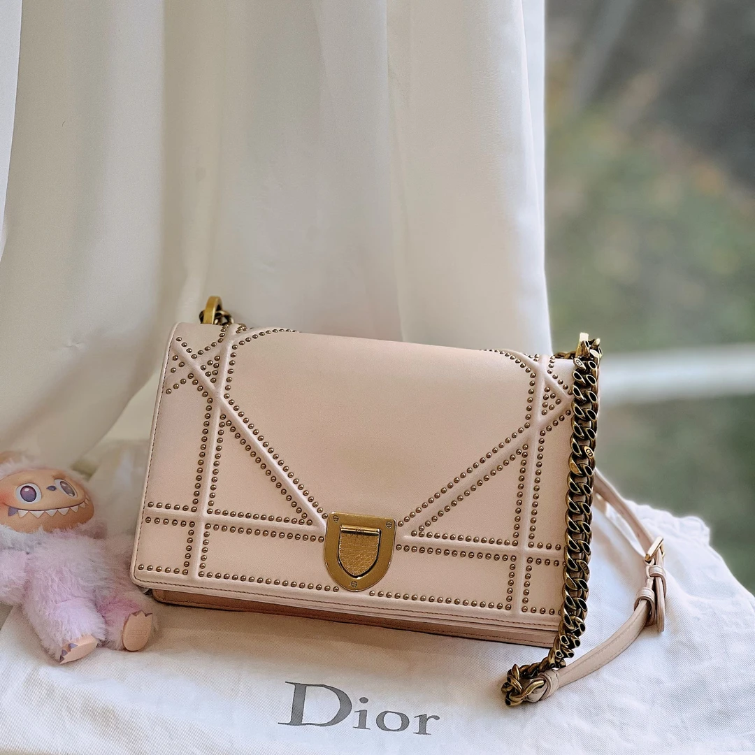 95新 DIOR/迪奥 粉色盾牌包 铆钉藤格纹牛皮 中号
