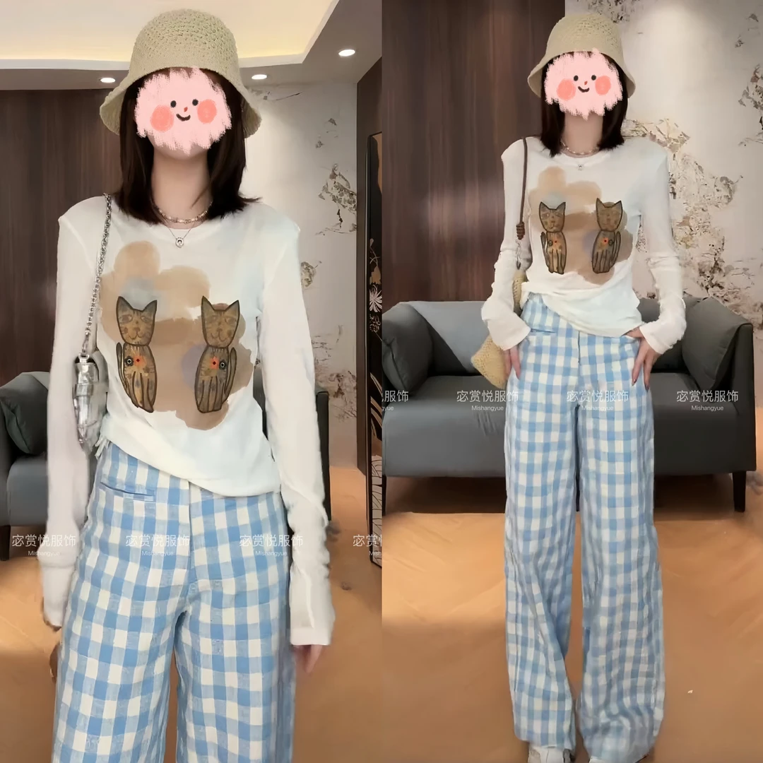 2025春夏显瘦防晒长袖T恤上衣百搭格子休闲裤套装女温柔知性衣服