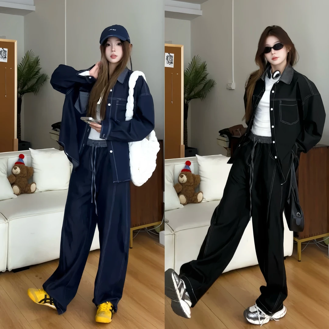 【慌慌】潮流牛仔新款翻领拼接男女款复古宽松休闲套装C8073+（-1）