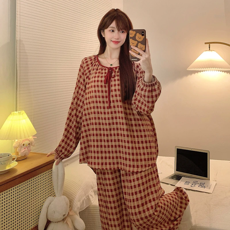 炸姐带胸垫睡衣女秋季2025新款安可拉红圆领大码套装可外穿家居服