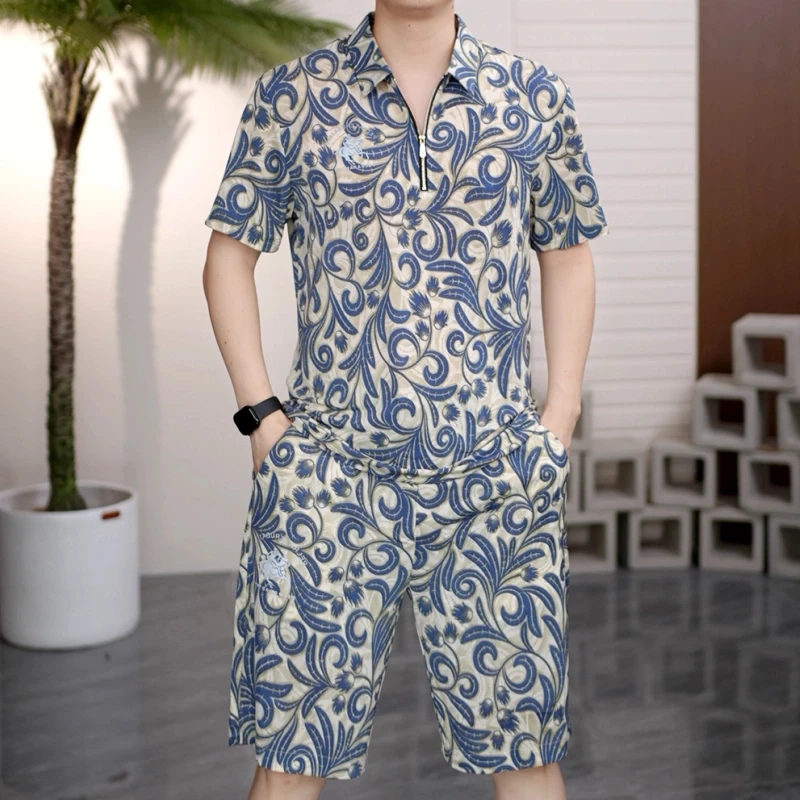 2025夏季新款男士欧货时尚半袖翻领拉链花纹透气轻奢短袖T恤套装