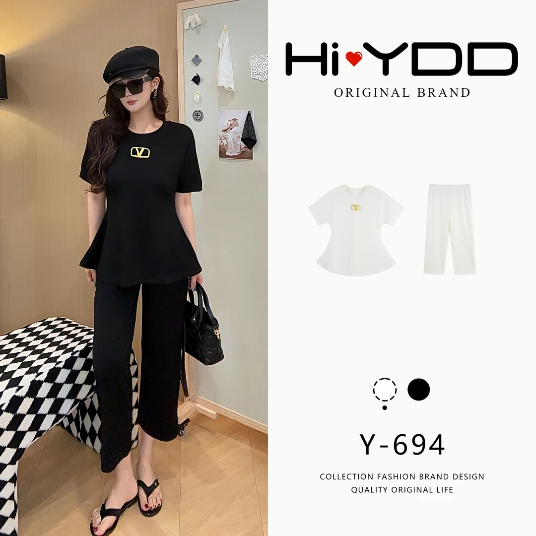 YDD•「Y-694」夏季新款金线刺绣圆领短袖t恤女修身上衣套装AZ-8010