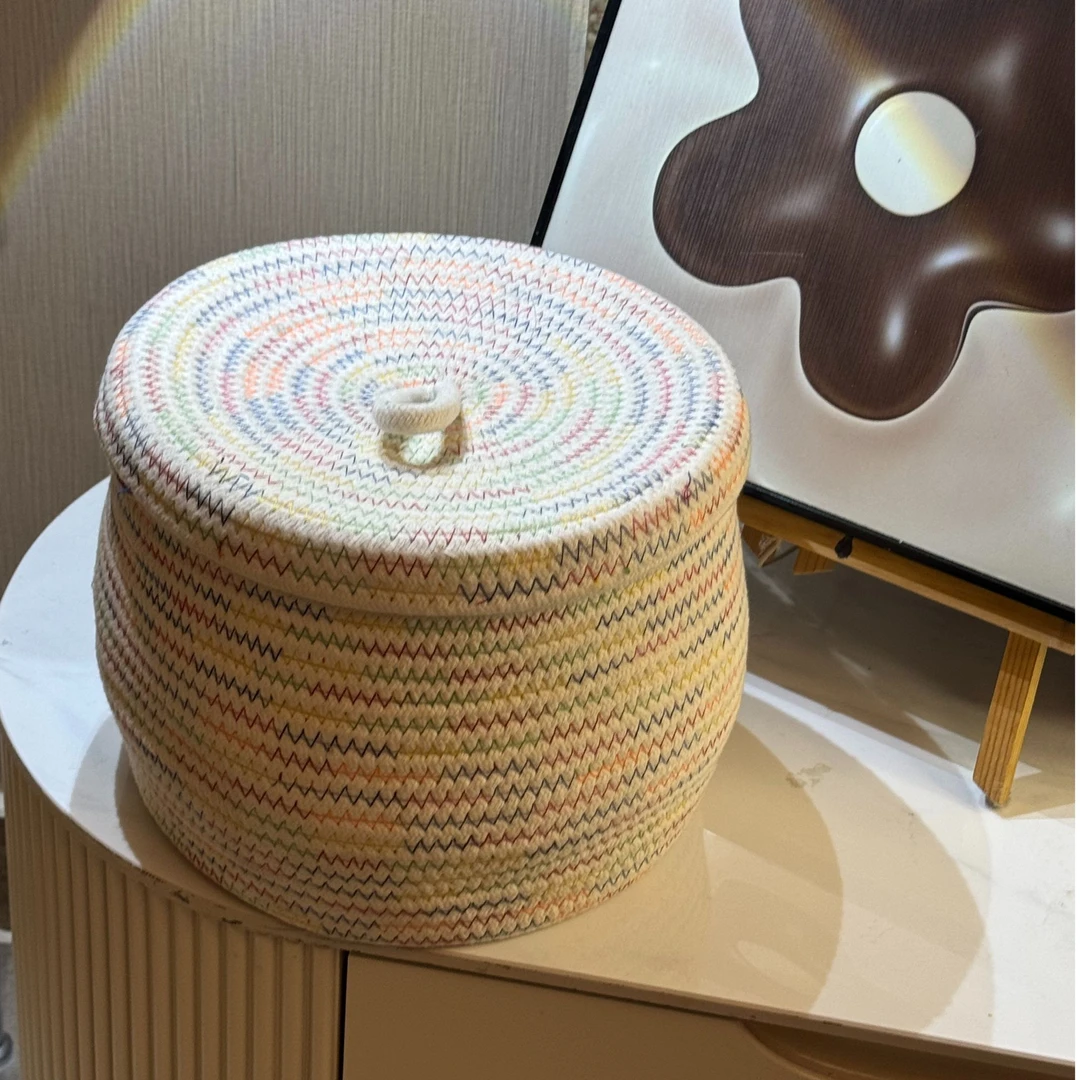 彩色收纳桌面化妆品编织超大收纳筐茶几家用置物盒可爱棉绳